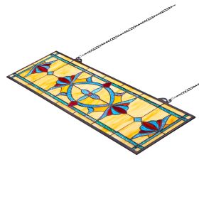 Stained Glass Window Panel, 32 x 10 in, Tiffany Style Hanging Transom Window Panel with Chain, Large Horizontal Rectangle Stain Glass
