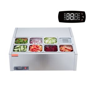 Refrigerated Condiment Prep Station, 140 W Countertop Refrigerated Condiment Station, with 8 1/6 Pans, 304 Stainless Body and PC Lid