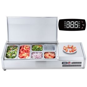 Refrigerated Condiment Prep Station, 135 W Countertop Refrigerated Condiment Station, with 2 1/3 Pans & 4 1/6 Pans, 304 Stainless Body and PC Lid