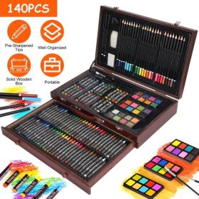 140Pcs Art Supplies With Colored Pencils Oil Pastels Crayons, Watercolor Cakes Brushes Sharpener Eraser In Elegant Wooden Box Professional Art Ki (Option: Multi Color)